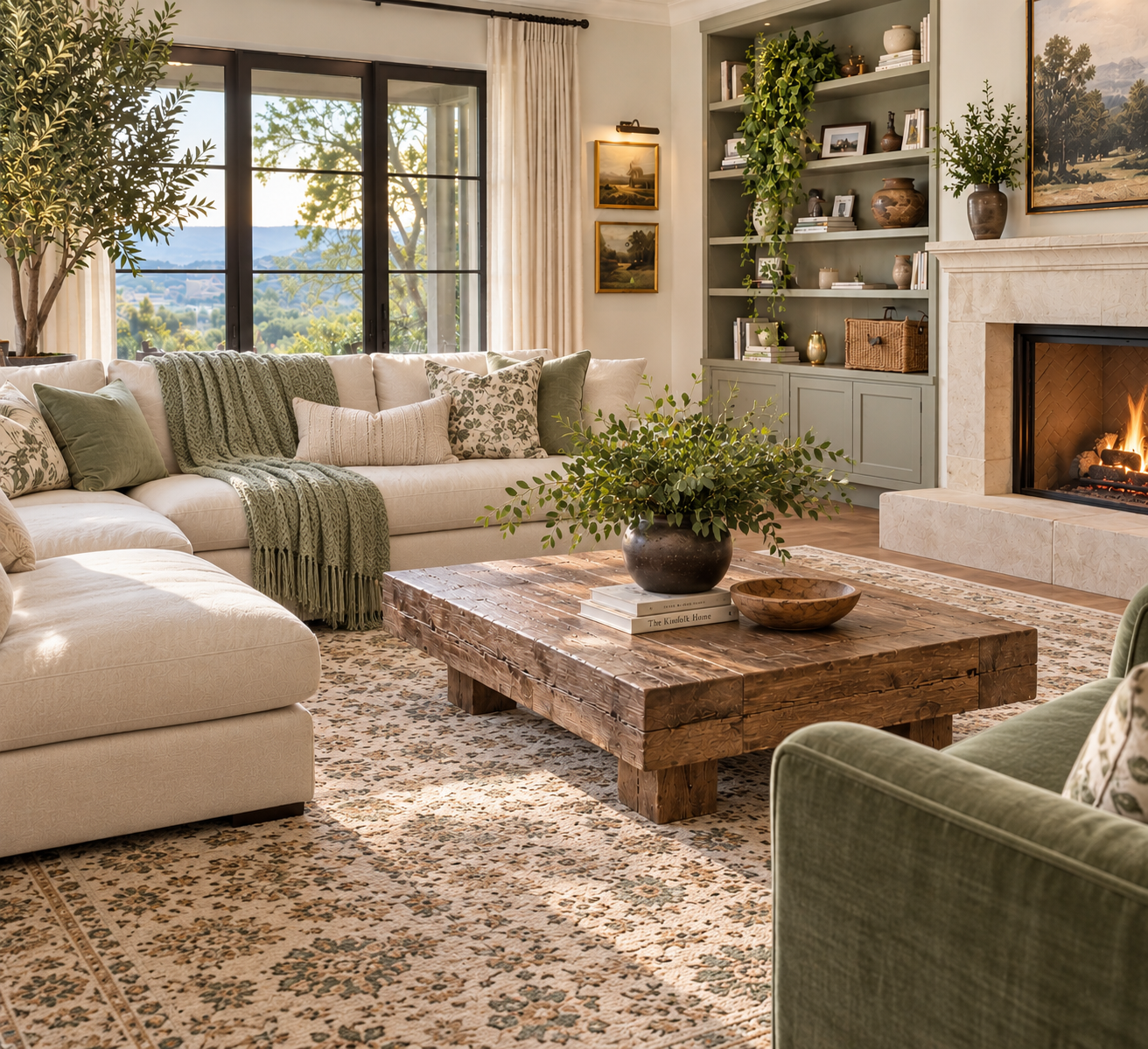 Warm collected living room with cream seating, a sage chair, built-in shelves and a glowing fireplace